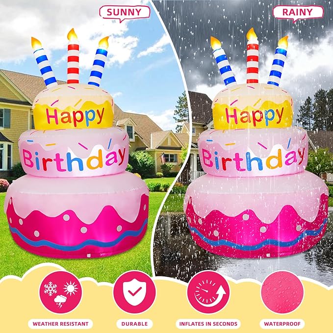 6FT Inflatable Happy Birthday Outdoor Decorations Cake with Candles, Bright LED Lights, Blow Up Yard Decoration with Rotating Colorful Appearance for Outdoor Indoor Birthday Party Garden Lawn