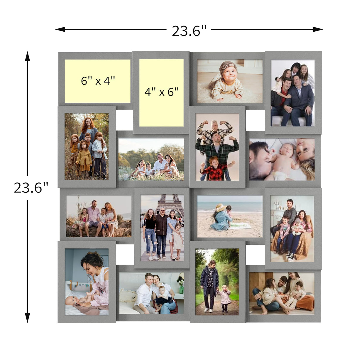 J.M.Deco Collage Picture Frames for Wall 16 Opening, Large Photo Frame Collage Wall Hanging for 4x6 Photo, Reunion Friends Family Memory, Christmas Gift - Grey