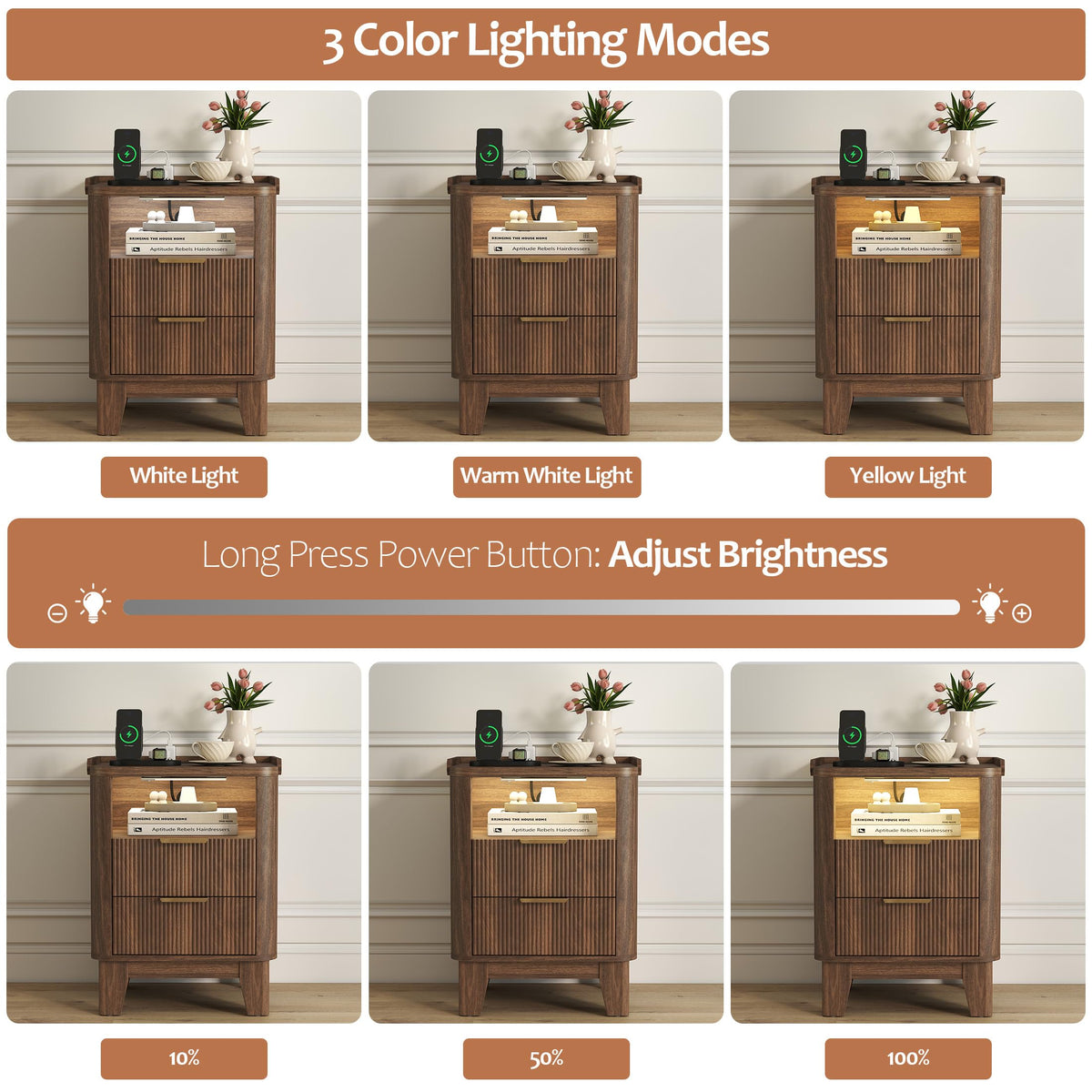 Turosur Night Stand with Charging Station, Fluted Nightstand with 2 Drawers and LED Light, Wood Bedside Table with Open Storage for Bedroom, Walnut