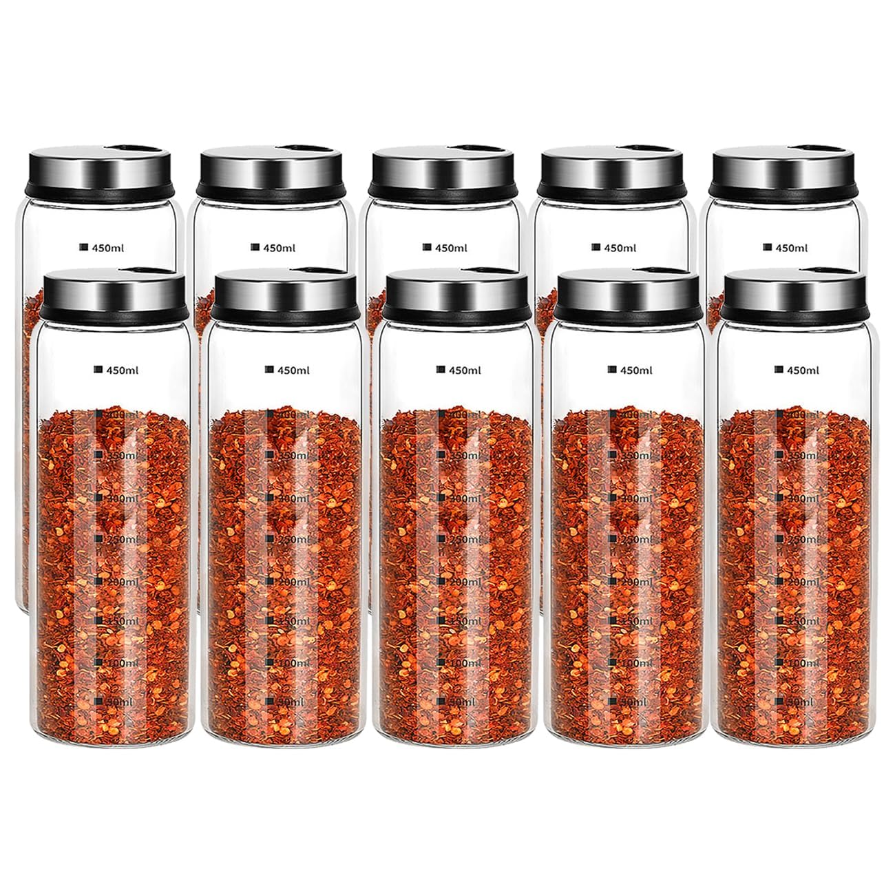 15 oz Salt and Pepper Shakers Set with Adjustable Outlet Holes Clear Glass Bottles Spice Seasoning Cans Jar for Kitchen Decor and Home Restaurant BBQ Camping Farmhouse(10 Pcs, 450 ML)