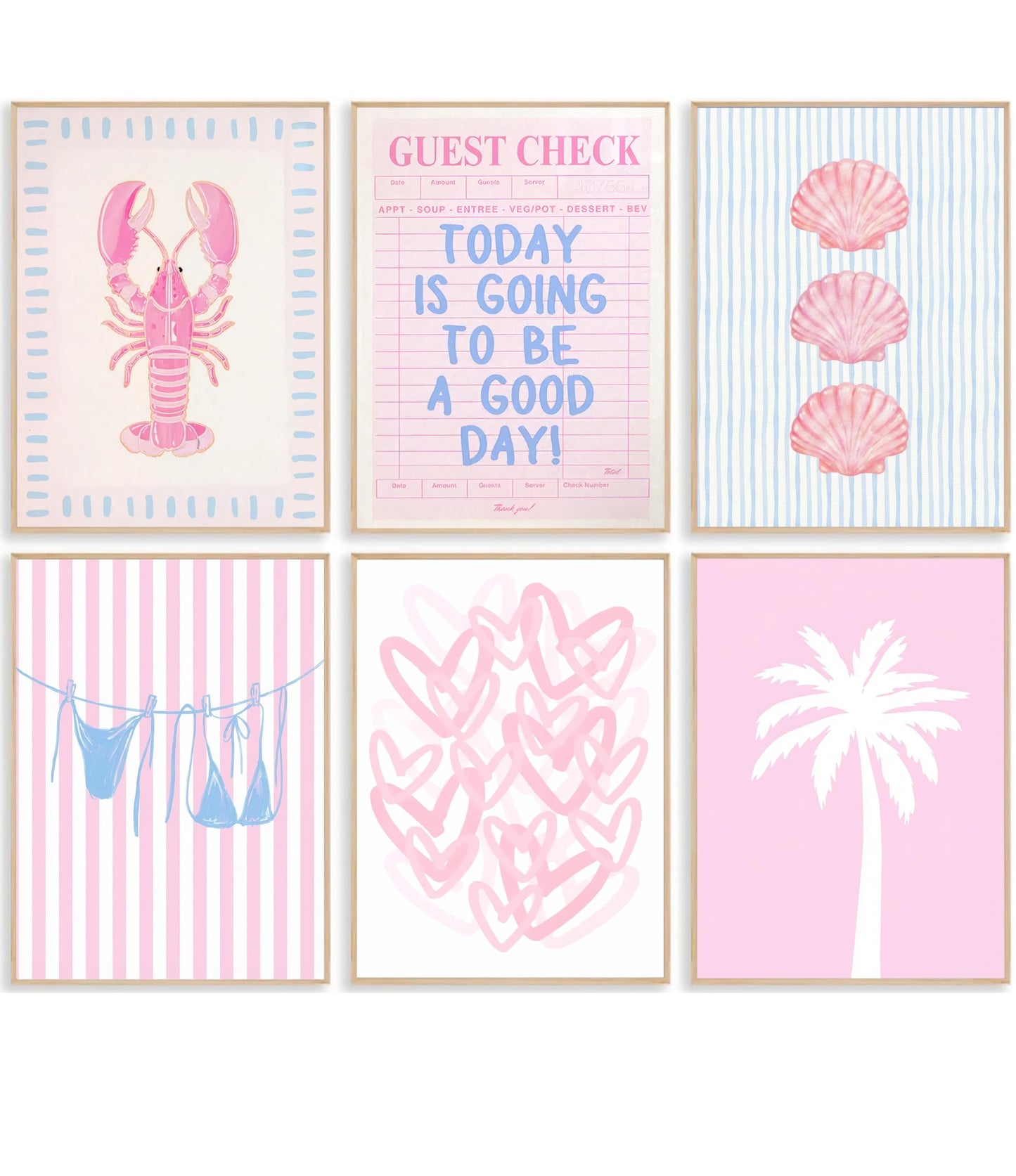 6pcs Preppy Beach Pink Blue Canvas Wall Art Coastal Fashion Bikini Shell Painting Picture Wall Decor Summer Seaside Theme Poster Print Artwork for Teen Girl Bedroom Dorm Gift granddaughter