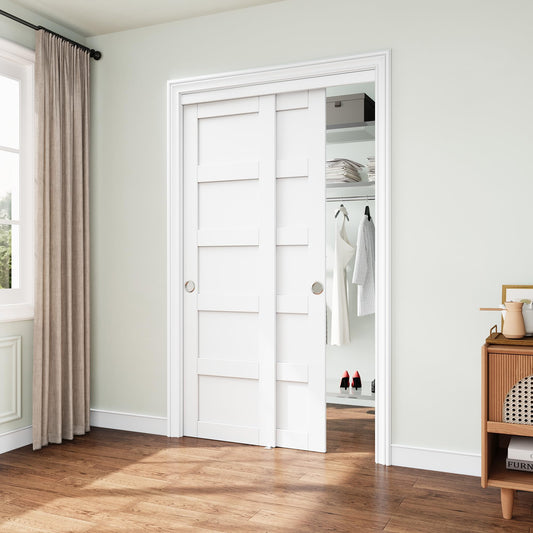 JUJUBON Closet Sliding Door, 48"×80"(Double Barn Doors 25"), Double 5 Panel Sliding Door with Hardware Kit, Pre-Drilled Doors Panel, MDF with Paintable Surface, White, Need to Assemble