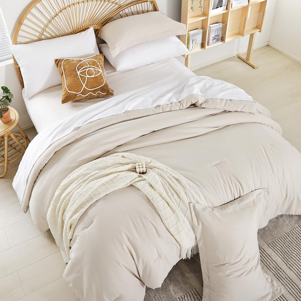 weigelia Queen Comforter Set 7 Pieces Beige Comforter Set Queen Size Bedding Set Soft Microfiber Comforter with Fitted Sheets, Flat Sheets, Pillow Shams, and Pillowcases