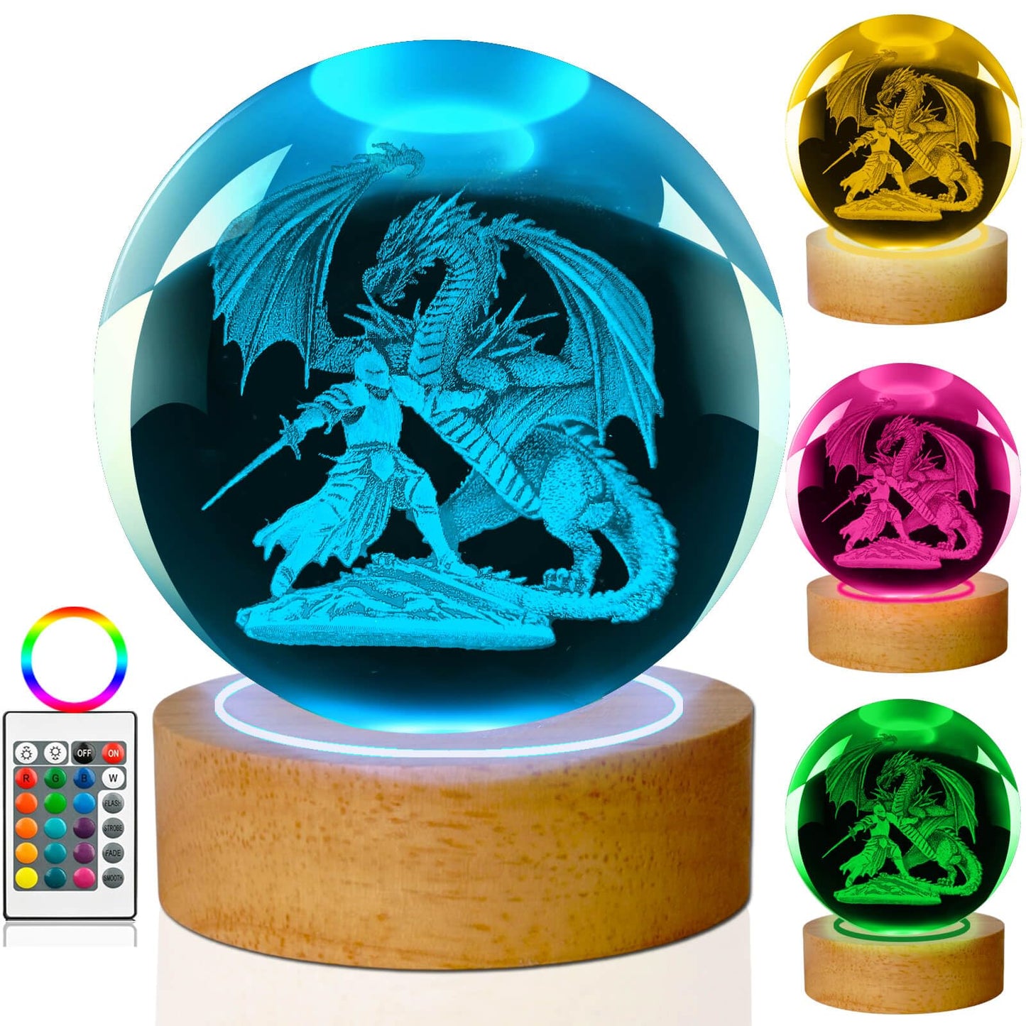 LINSINA 3D Dragon and Knight Lamp, 3.15in 16 Colors Crystal Ball Night Light with Wooden Base and Remote Control, Birthday Gift and Dragon Gifts for Women Men Kids