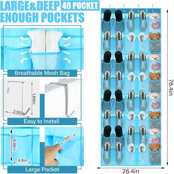 Windyun 40 over the Door Shoe Organizer Large Mesh Pocket Hanging Shoe Rack