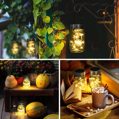 GIGALUMI Hanging Solar Mason Jar Lights, 6 Pack 30 Led Solar Lanterns Outdoor Hanging Lanterns, 6 Hangers and Jars Included. Great Outdoor Lawn Decorate for Patio Garden, Yard and Lawn