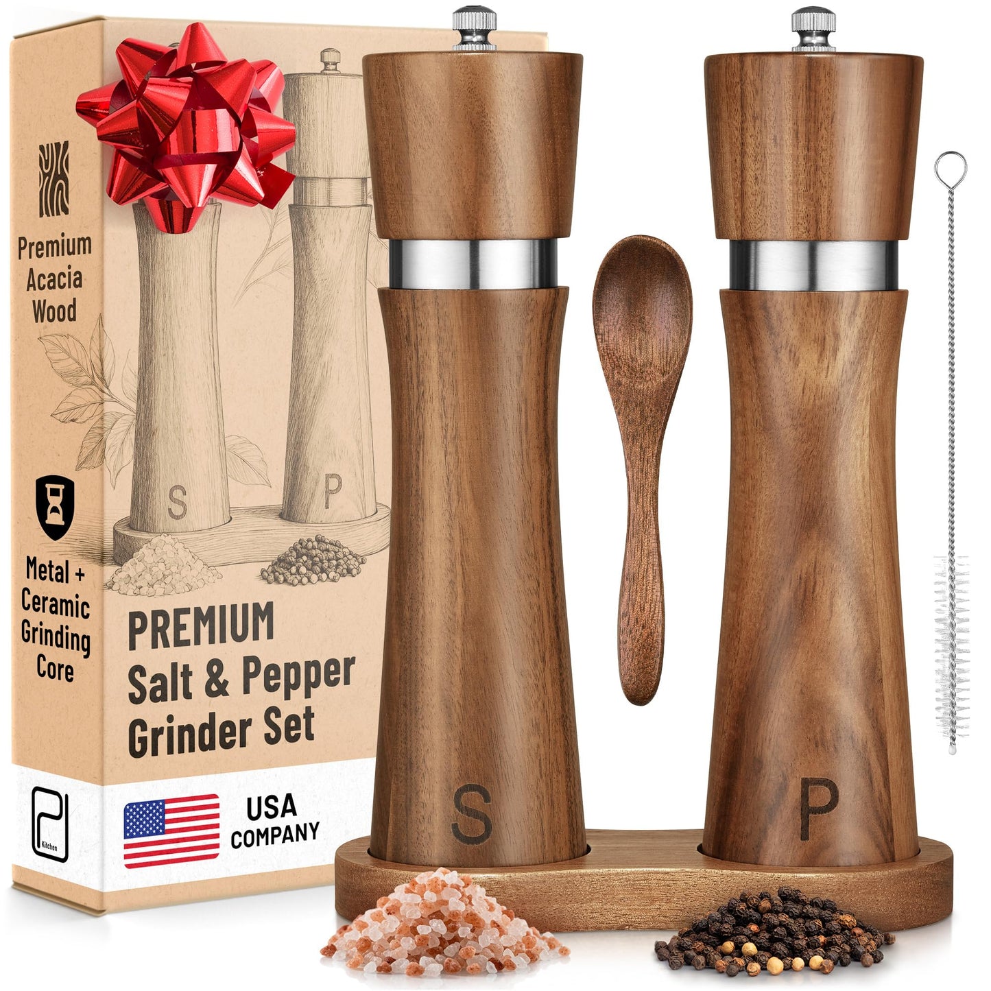 Salt and Pepper Acacia Wood Grinder Set with Wooden Holder Tray - 60 g / 2 oz each - Tall Modern Mill Shakers - Manual Refillable Mills for Peppercorn, Fancy Himalayan Salt + Spices - by PJC-Kitchen