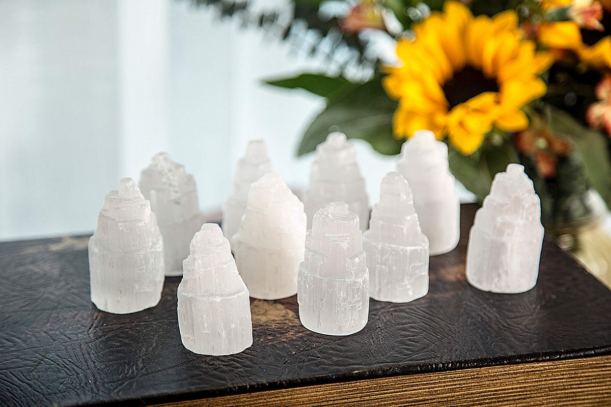 JIC Gem Set of 10 White Selenite Sky Tower Skyscraper Reiki Chakra Stone Crystal Healing Energy Tower 6-7cm Tall