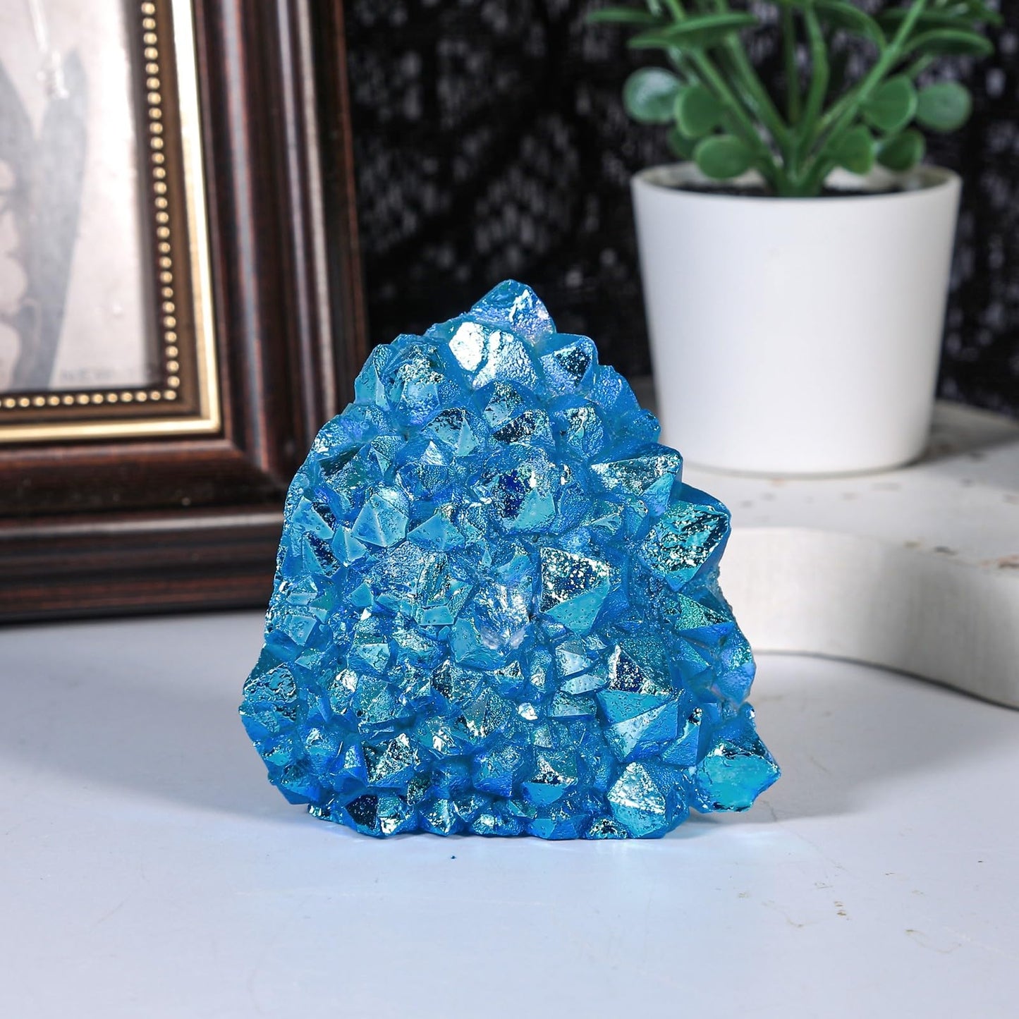 Nupuyai 2.17"-4.13" Titanium Coated Quartz Crytsal Cluster Decor for Home Office Irregular Stone Geode Specimen for Energy Protection, Blue