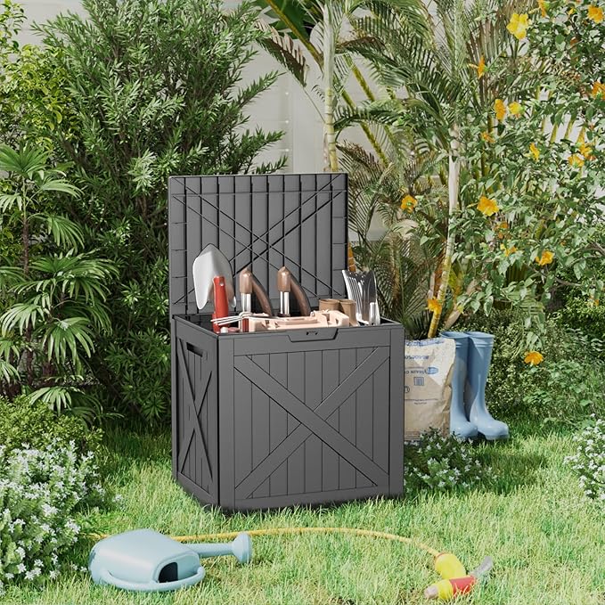 ROJIK 32 Gallon Outdoor Storage Housing Deck Box,Waterproof Patio Furniture, Garden Tools, Cushions, Pool Accessories Storage Bench with Lockable Lid and Side Handles(Black)