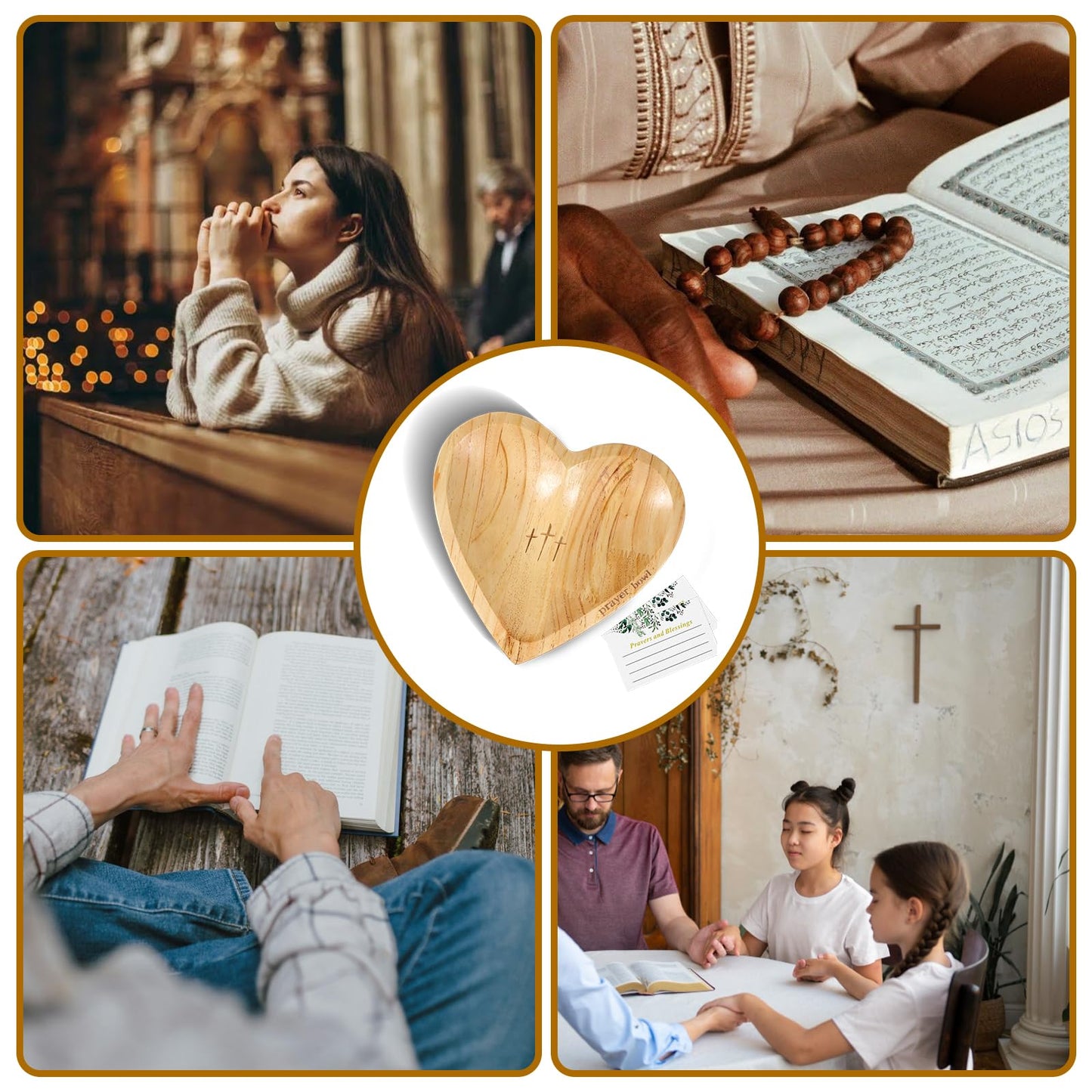 Dimeho Heart Prayer Bowl Wooden Handcrafted Prayer Dough Bowl with Cards Christian Gifts Love Shaped Decor Bowl for Women Religious Christmas Easter Thanksgiving Day