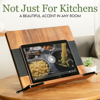 Cookbook Stand for Kitchen Counter – Adjustable Wood Book Holder with Resin Accent, Rustic Recipe Book Stand with Secure Page Grips, Compatible with Cookbooks & Tablets