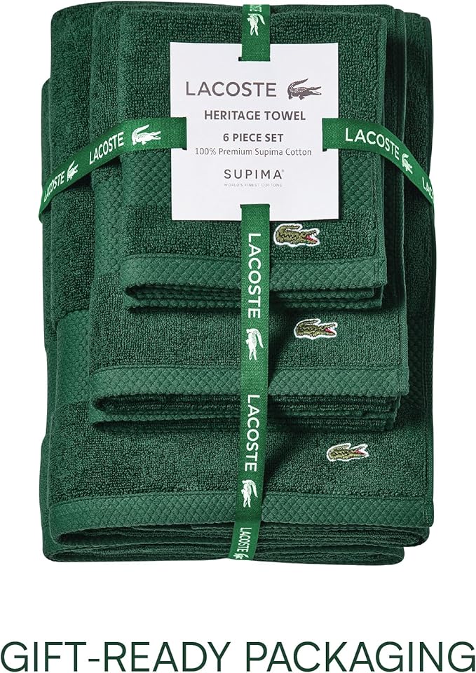 Lacoste Heritage Supima Cotton 6-Piece Towel Set, 2 Bath Towels, 2 Hand Towels