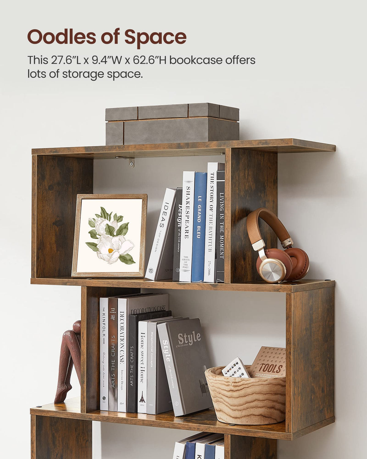 VASAGLE Custos Collection - Bookshelf, 5-Tier Bookcase, Tall Display Shelf, Freestanding Storage Shelf, Room Divider, for Home Office, Living Room, Bedroom, Study, Rustic Brown ULBC62BXS