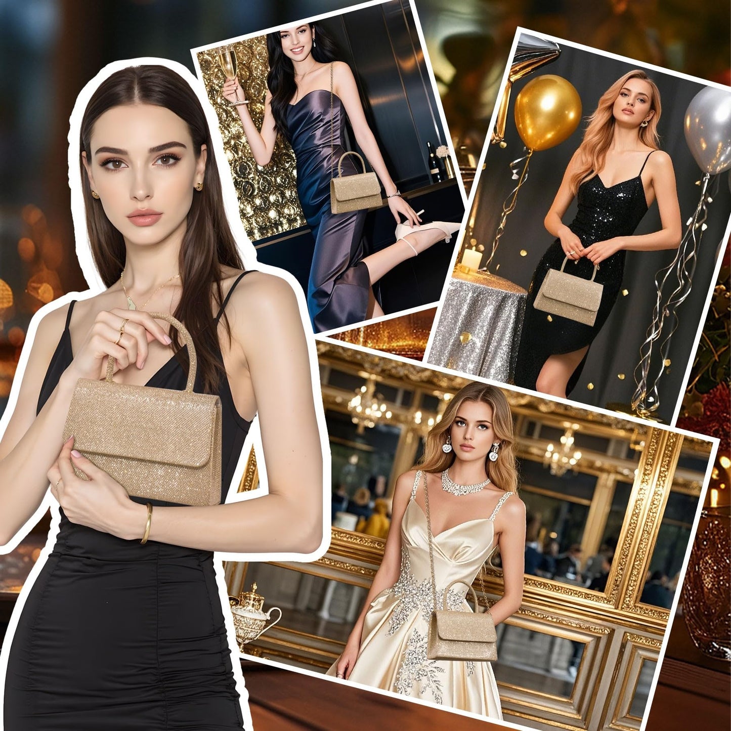 Larcenciel Women's Clutches, Sparkly Champagne Gold Handbags for Women w/Detachable Chain, Top Handle Evening Clutch Bag, Elegant Crossbody Purse Shoulder Bag for Party Prom Wedding, 20x5x13cm
