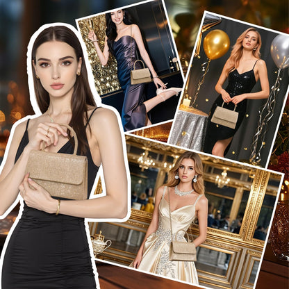 Larcenciel Women's Clutches, Sparkly Champagne Gold Handbags for Women w/Detachable Chain, Top Handle Evening Clutch Bag, Elegant Crossbody Purse Shoulder Bag for Party Prom Wedding, 20x5x13cm