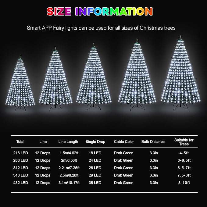 30+ Modes Ring Christmas Tree Lights Indoor Outdoor - 10Ft x 12 Lines 432 LED Easy App Control Color Changing Timer Remote Waterproof for 7.5 8 9 10 11 Ft Xmas Trees (Cool White to Multicolor)