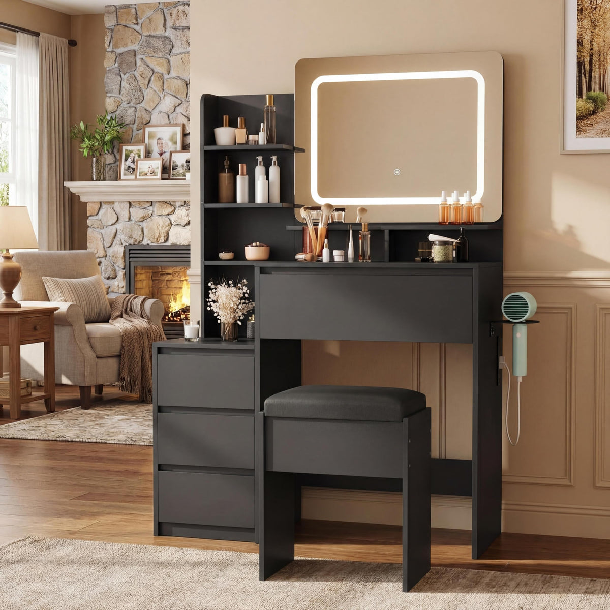 Vanity Desk with Mirror and Lights - 36" Vanity Table Set with 4 Drawers, Power Outlet, USB Ports, Stool, Dressing Table with 3 Lighting Color Adjustable for Bedroom, Women,