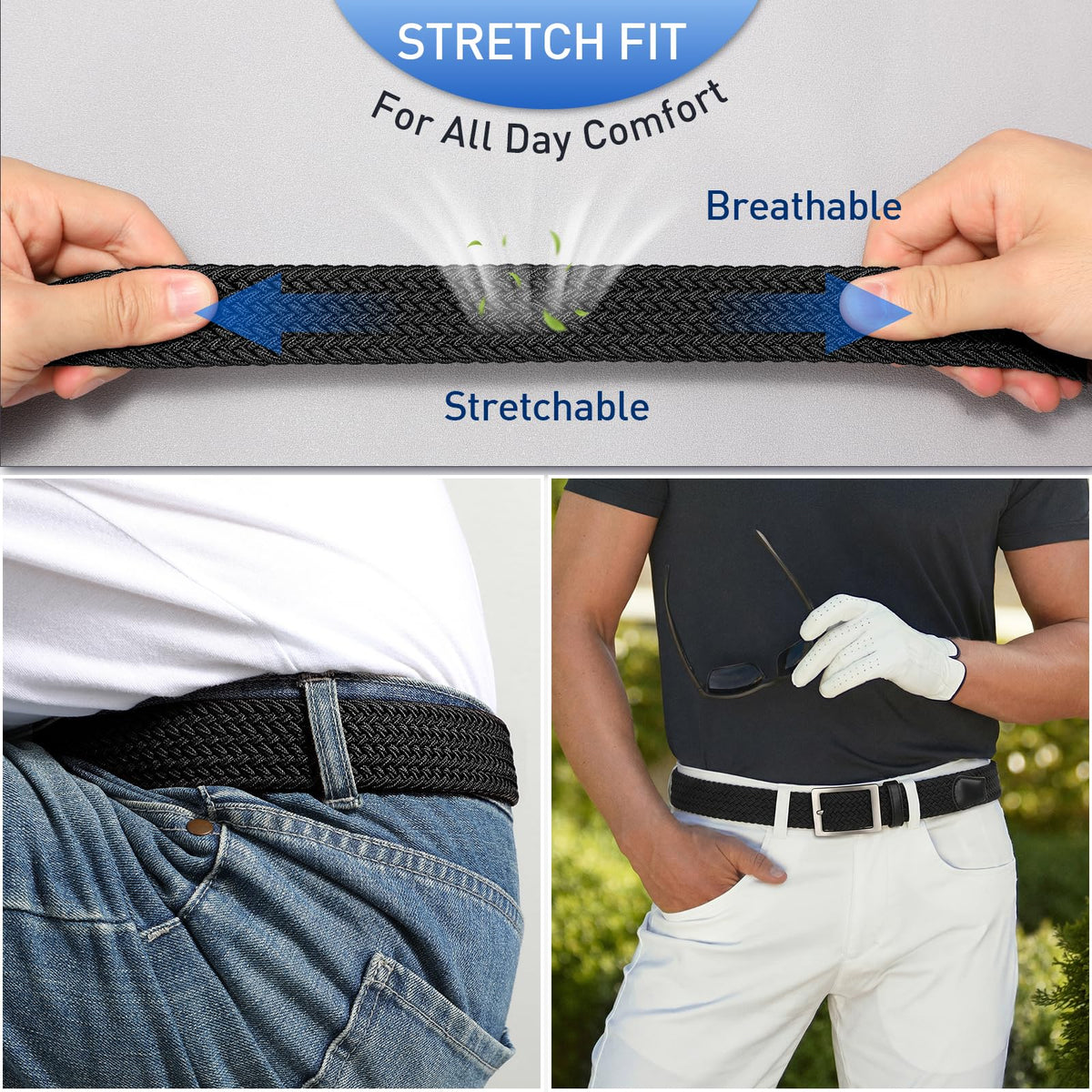 VONMELLI Mens Stretch Braided Belt, Elastic Golf Belt for Men 1 3/8" Casual Woven Belts for Jeans Pants, Black L