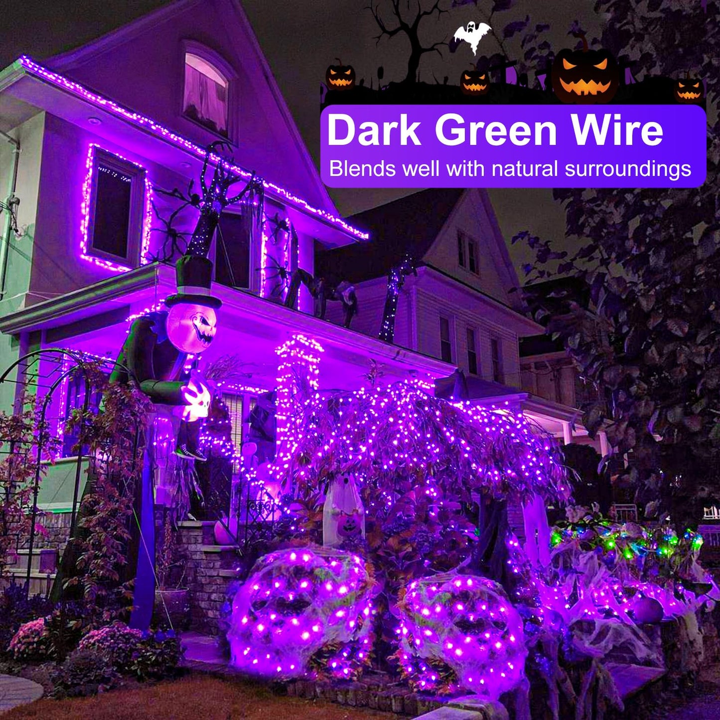 Nielfoi Purple Halloween Lights Outdoor, 100FT 300 LED Halloween String Lights with 8 Modes Waterproof, Plug in Green Wire Twinkle Tree Light for Indoor House Patio Garden Party Decorations