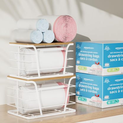 TIDIIABODE Extra Large 2 Pack Potato and Onion Storage Bins, Potato and Onion Storage Baskets with Bamboo Top, Trash Bag Dispenser, Storage Stackable for Kitchen Laundry Organizers, White