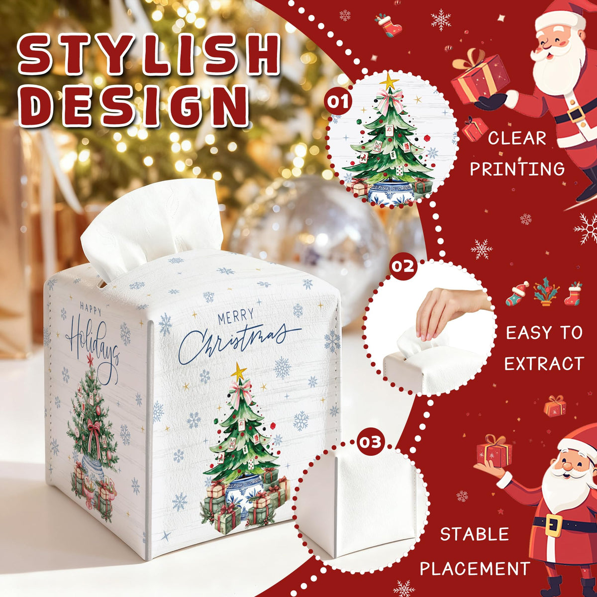 Christmas Tissue Box Cover Square, Snowflake Christmas Tree Decorative Tissue Box Holder, Waterproof Leather Tissues Boxes Dispenser for Bathroom, Office, Car, Bedroom Nightstand, Home Decor