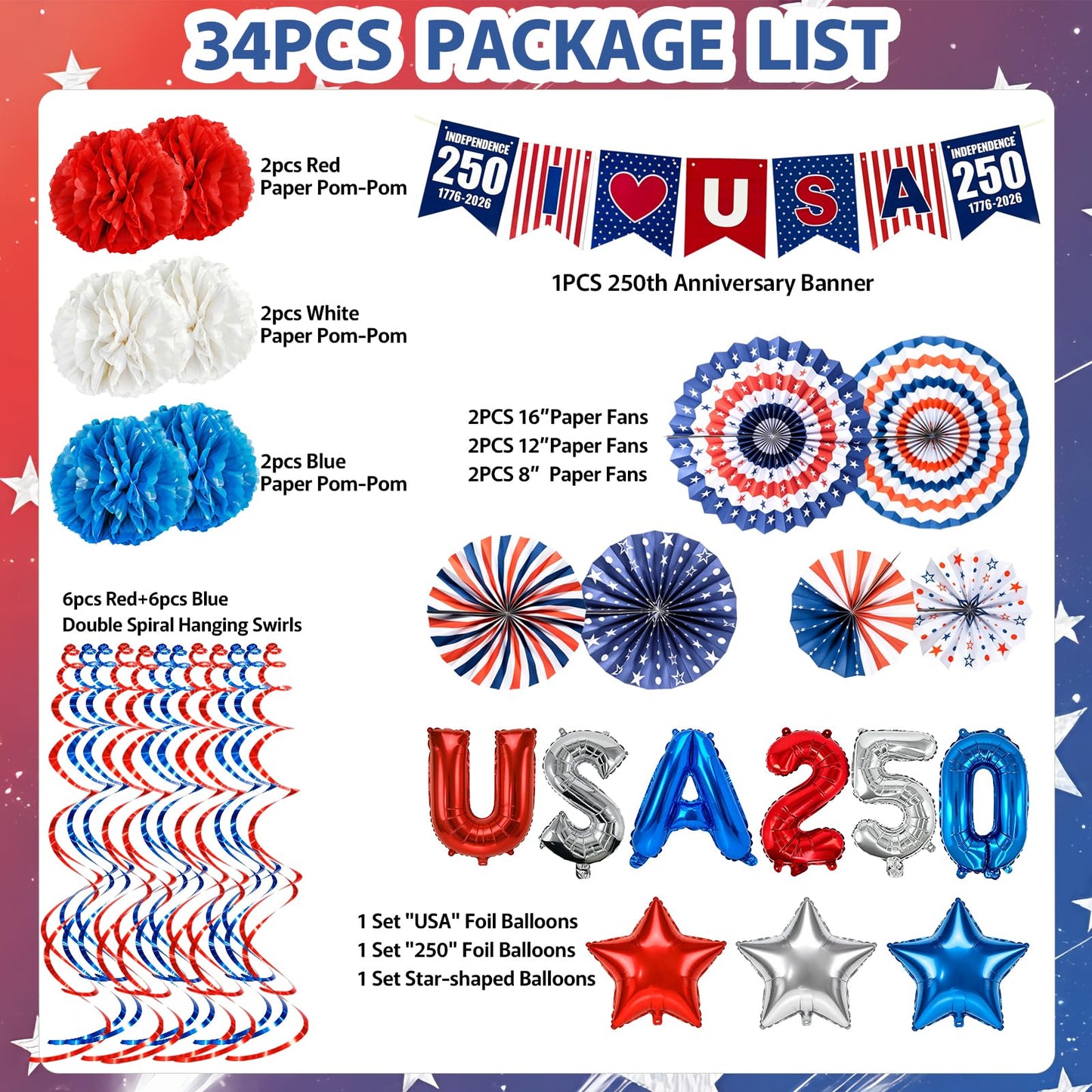 Onfunlee 4th of July Decorations Set, 34PCS Patriotic Memorial Day Decoration US 250th Anniversary Decor, Red White Blue Party Supplies with Paper Fans, Banner, Swirls, Pom Poms for Independence Day
