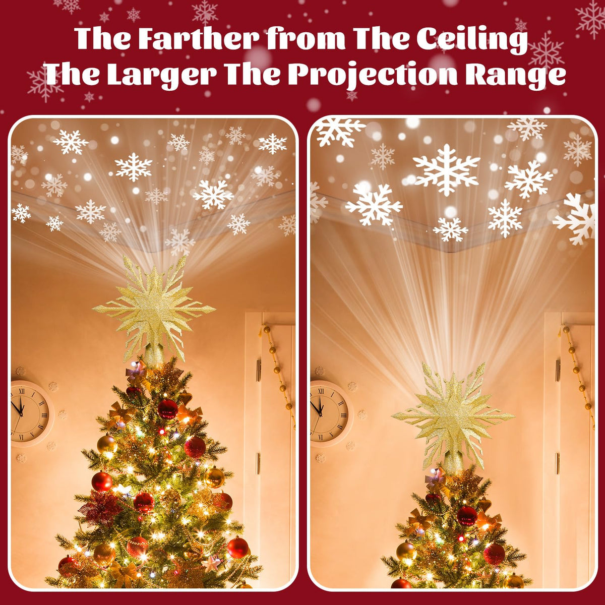 Christmas Star Tree Topper Lighted with Led Snowflake Projection, Christmas Tree Topper Star with Built-in LED Rotating 3D Projector Lights, Christmas Decoration for Family Office Indoor (Gold)