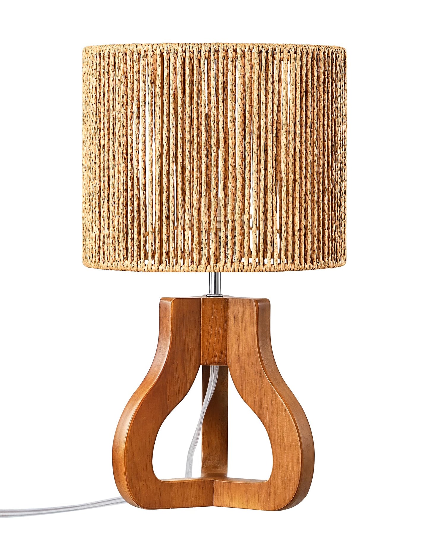 EDISHINE Small Table Lamp, Rose Wood Tripod Nightstand Lamp, Handwoven Paper Rope Shade, 14.6" Rattan Bedside Lamp for Bedroom Living Room, Office, On-Off Line Switch, E26 Base(Bulb Not Included)