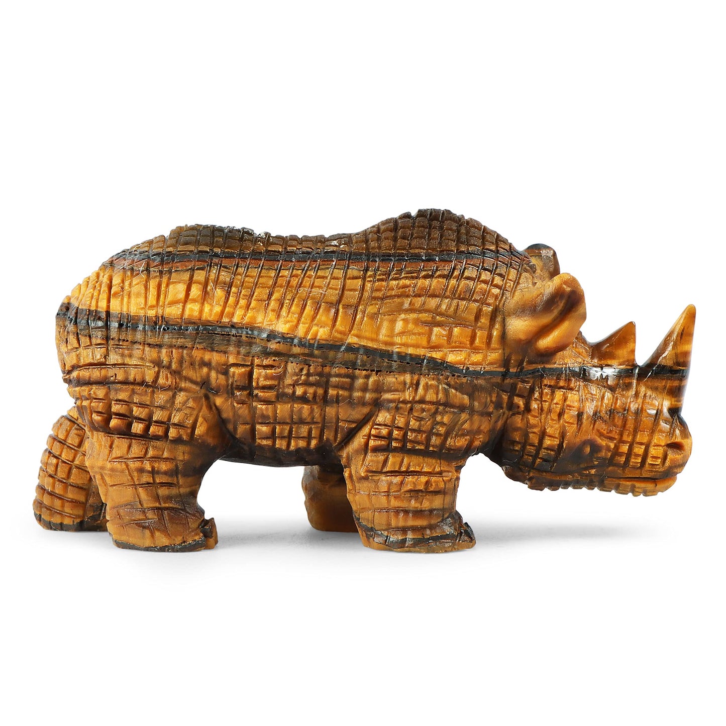 Artistone Tiger Eye Crystal Rhino Statue Hand Carved Gemstone Handicraft Healing Rhinoceros Animal Carving Figurine Sculpture Collectible Reiki Stones for Home Bookshelf Office Decor(3Inches)