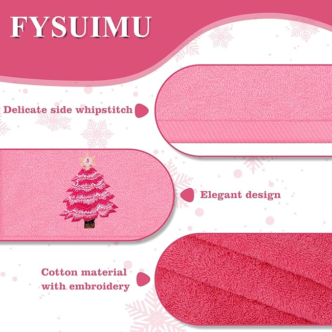 3Pcs Christmas Pink Hand Towel Set Cotton Xmas Tree Santa Snowman Bathroom