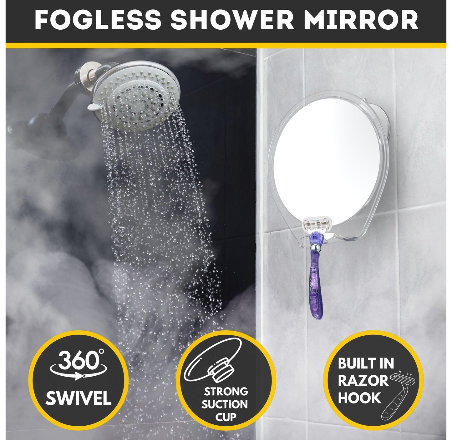 HONEYBULL Shaving Mirror – Fogless Shower Mirror with Suction & Swivel for Bathroom, Travel Friendly, No Fog, Easy to Install, Perfect for Men’s Grooming & Skincare (White)