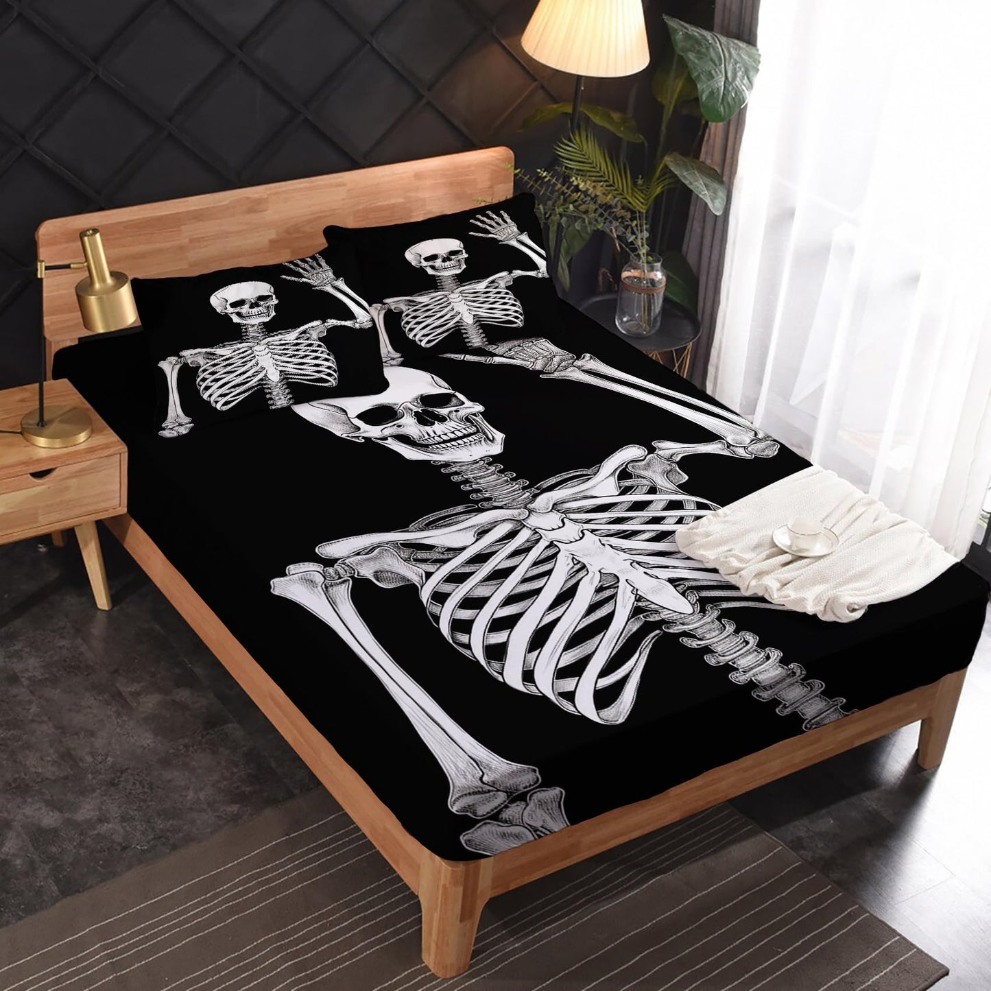 King Size Sheets Set - Funny Skeleton Bed Sheets, Black and White Bedding Sheets & Pillowcases, Soft Microfiber & Deep Pocket & Wrinkle Free Sheet Set, 1 Fitted Sheet, 1 Flat Sheet, 2 Pillow Cases