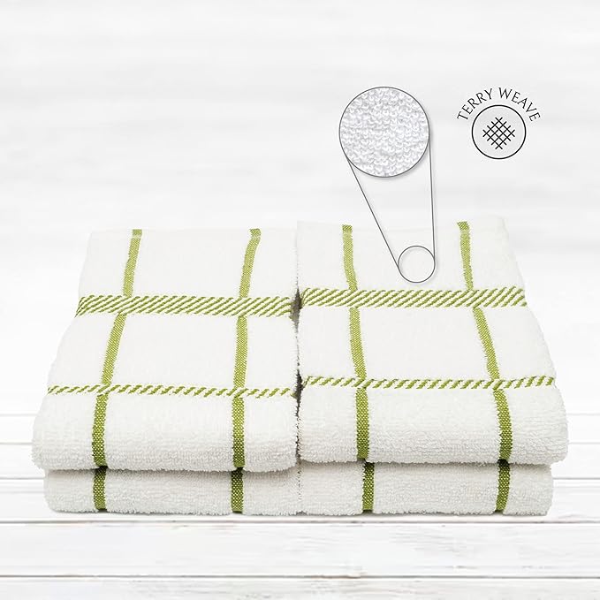100% Cotton Terry Dish Towels, 4 Pack Checks, 16 x26 Inches, Super Soft and