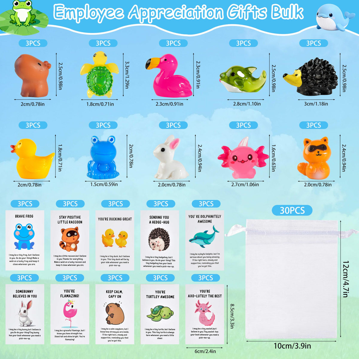 PAPPYN-A 30 Sets Employee Appreciation Gifts Bulk for Coworkers Team Staff Thank You Gifts Back to School Resin Animal Organza Bags Pun Inspirational Note Cards for Teacher Volunteer Nurse Office