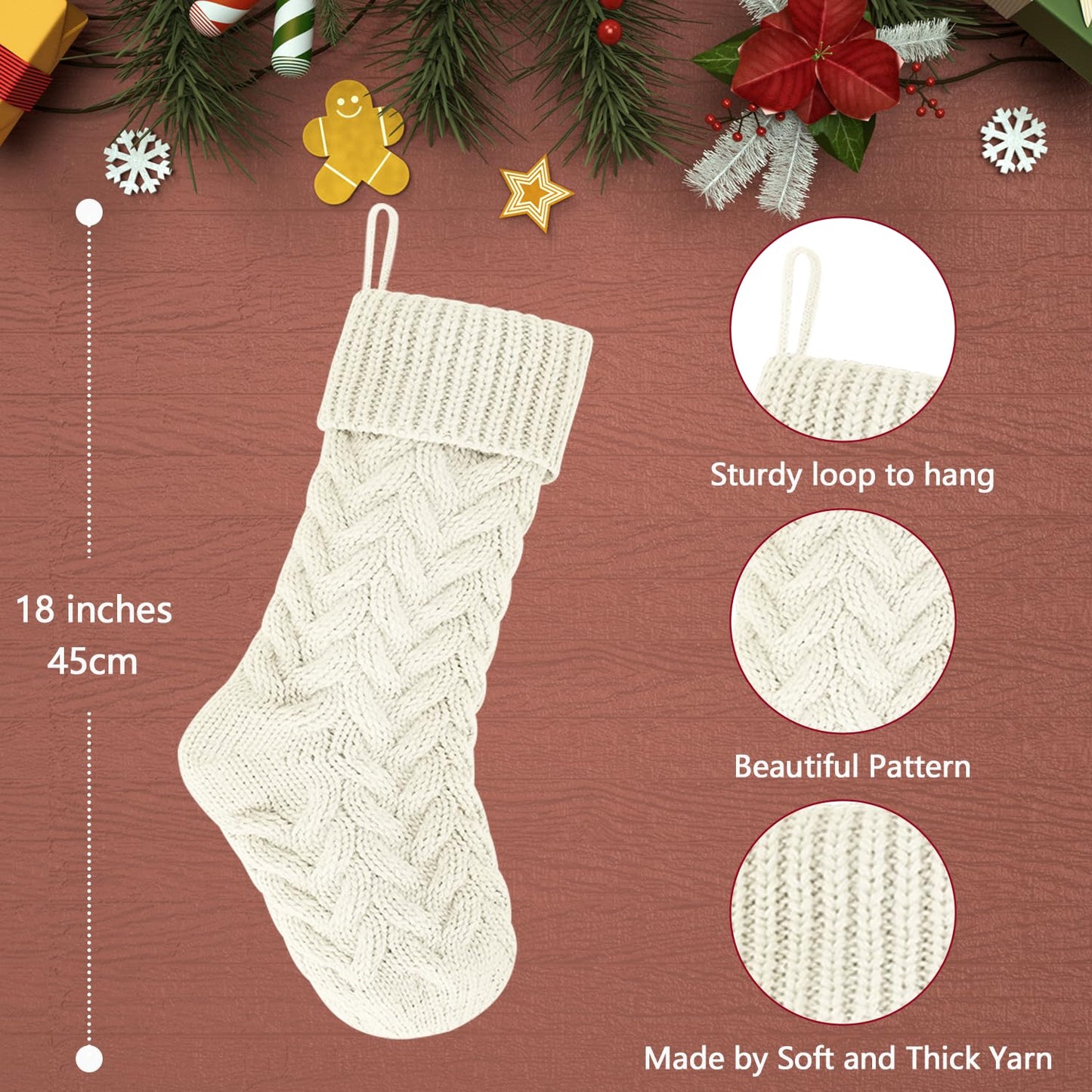 Kunyida 18 Inches Burgundy, Ivory, Green Knitted Christmas Stockings,6 Pack