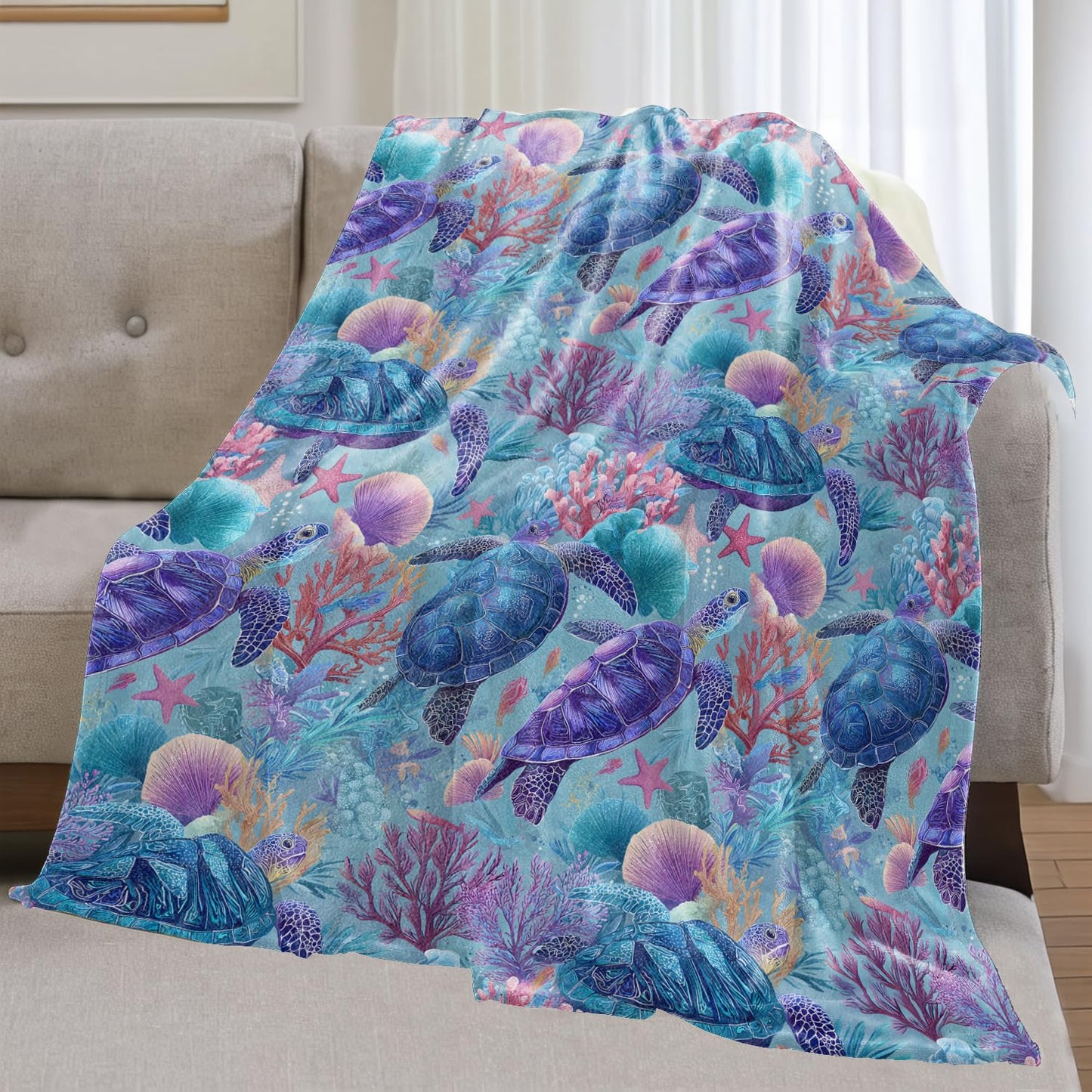 olpddz Sea Turtle Flannel Blanket Gifts for Coastal Nautical Lover,60x50inch,Vibrant Ocean Reef Throw Blankets with Marine Creature,for Bedroom,Sofa,Living Room,Camping Beach Decor Throws