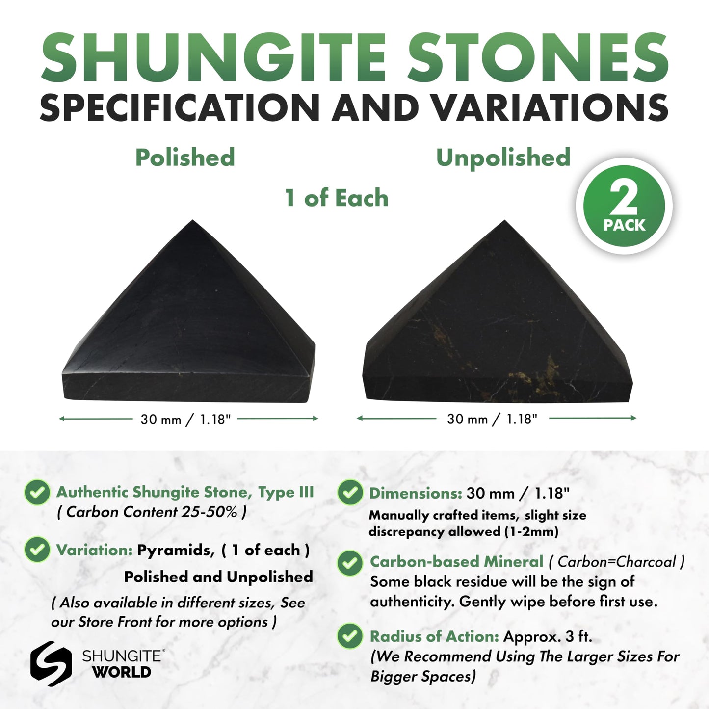 Shungite World 2 pcs Authentic Shungite Pyramids Set 30 mm / 1.18" Polished and Unpolished Real Shungite Stones Crystal Pyramid Home Protection Room Office Desk Decor Authentic Black Crystals