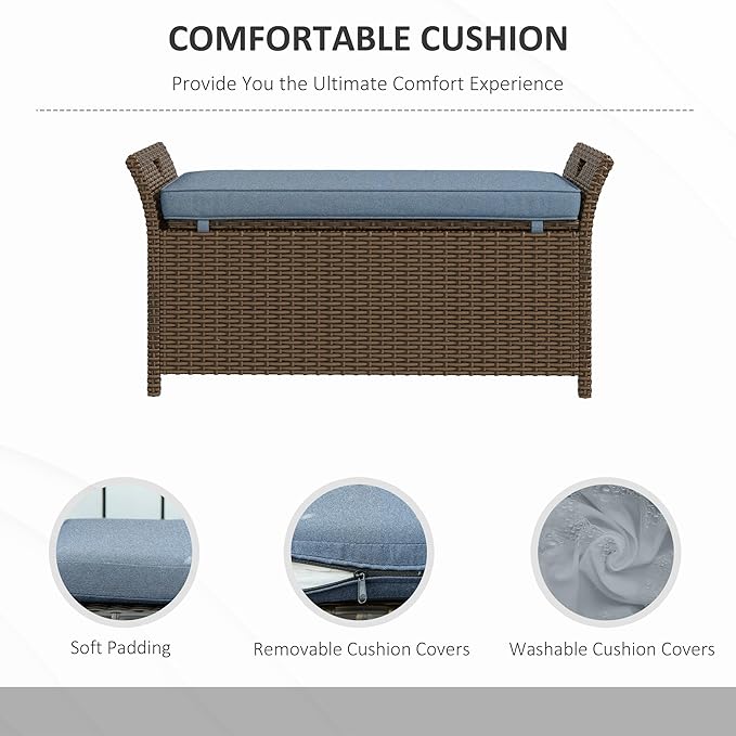 Outsunny 29 Gallon Patio Wicker Storage Bench, Outdoor PE Rattan Patio Furniture, 2-in-1 Large Capacity Rectangle Garden Storage Box with Handles and Cushion, Dark Blue