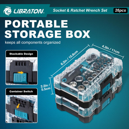 LIBRATON 26PCS 1/4" Drive Mini Socket & Ratchet Wrench Set with Bits, 4-14mm Metric Shallow Sockets, Mini Ratchet Set, Screwdriver Bit Set, Extension Bar, with Storage Case for DIY, Auto Repair