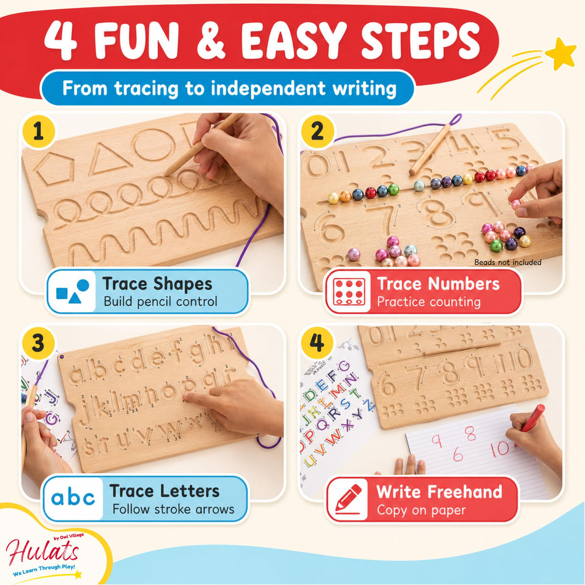 Hulats Learn to Write - Number & Letter Tracing Boards with Direction Arrows - Montessori Wooden Alphabet & Numbers Board Set, Ages 3-5 - Deep Grooved Handwriting Practice, Screen-Free