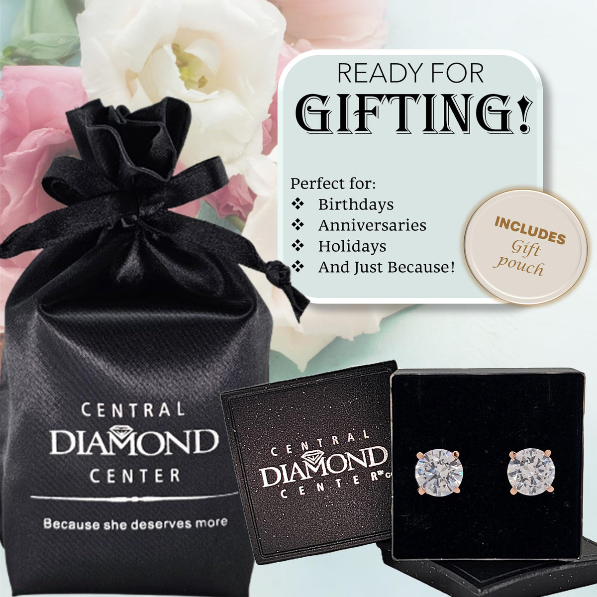 Central Diamond Center Round Simulated Diamond Stud Earrings Hypoallergenic Metal & Sterling Silver CZ - 9.50mm (7.00cttw) Rose