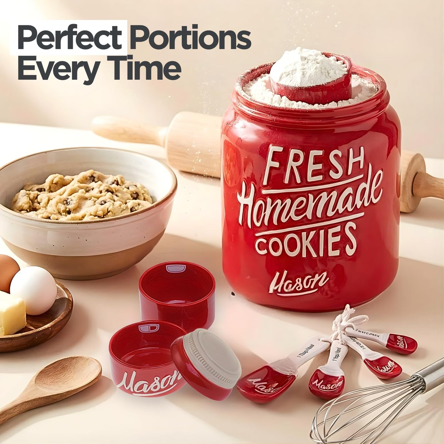 Mason Jar Ceramic Canister Set, Farmhouse Canisters Sets for the Kitchen Decor, Utensil Holder, Spoon Rest, Cookie Jar, Salt & Pepper Shaker, Sponge Holder, Measuring Cups & Spoons (Red, 17-Pc Bundle)