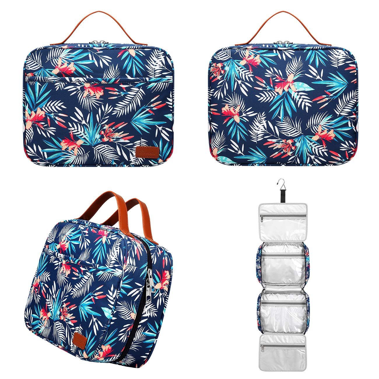 Bosidu Hanging Travel Toiletry Bag,Large Capacity Cosmetic Travel Toiletry Organizer for Women with 4 Compartments & 1 Sturdy Hook,Perfect for Travel/Daily Use/Christmas, Palm Leaf