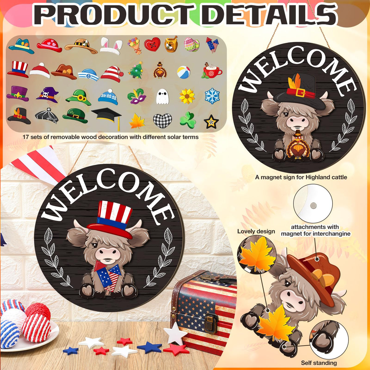 Vicenpal 35 Pcs Patriotic Interchangeable Highland Cow Welcome Sign 4th of July Highland Cow Seasonal Wooden Hanging Door Decor Farmhouse Hanging Sign for Seasons Holiday Party Decor