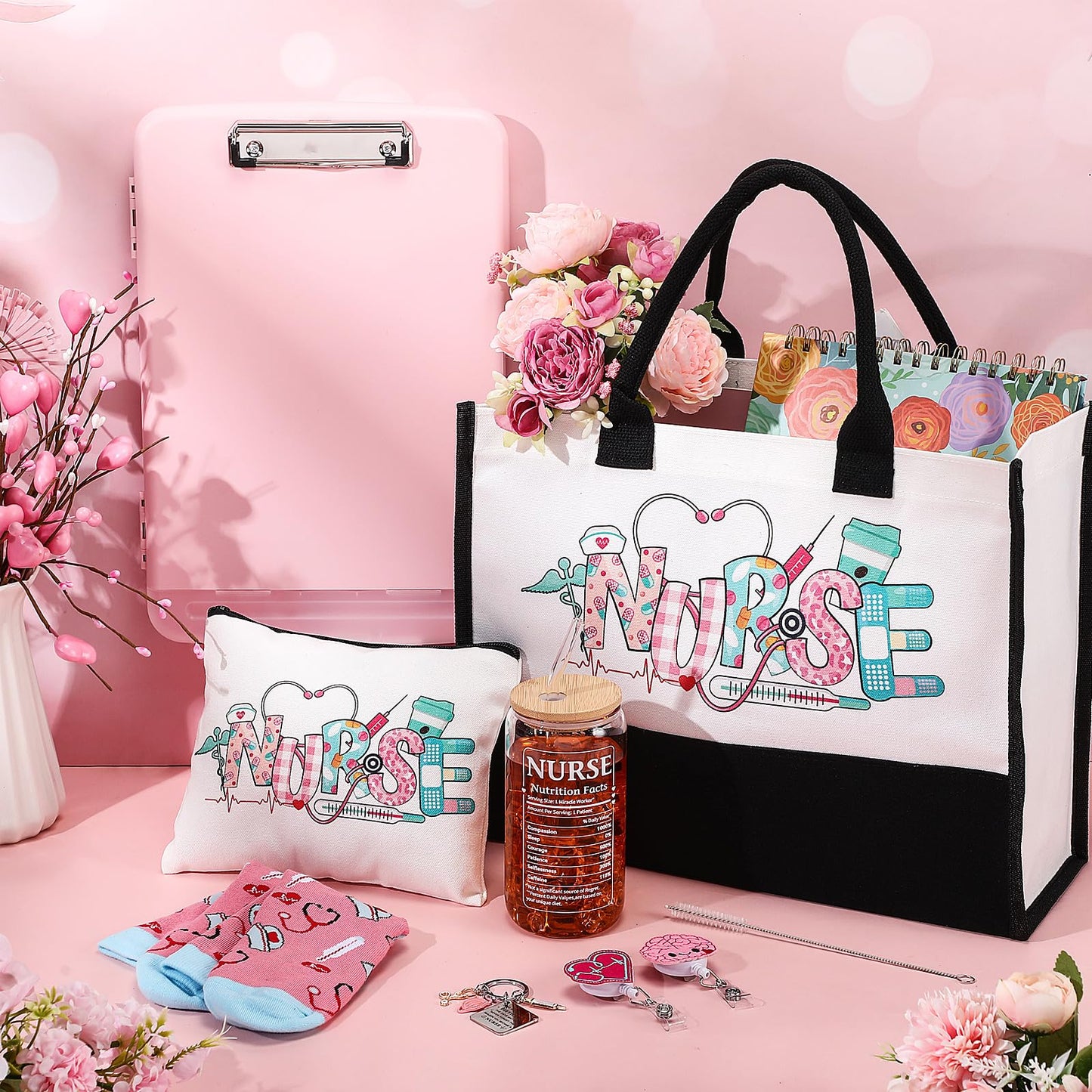 Zopeal Nurse Appreciation Gifts for Women Nursing Gifts Bulk Includes Badge Holder Reel, Tote Bag, Makeup Bag, Socks, Keychain, Cup, and Clipboards(Pink)