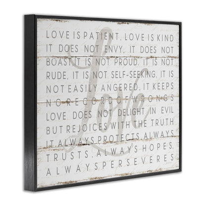 Stupell Industries 'Love Is Patient Grey on White Planked Look', Framed Giclee Art, Black, 14 x 11 Inches, Easy to Hang and Sturdy, Made in USA, by Jennifer Pugh