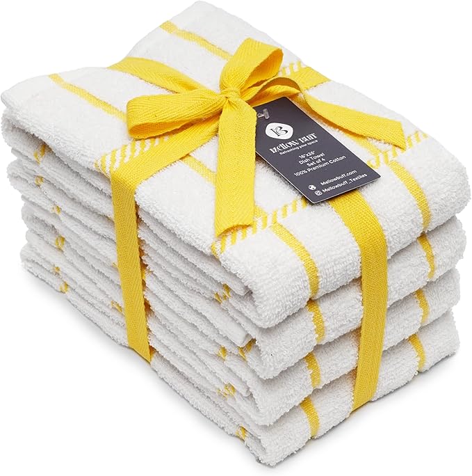 100% Cotton Terry Dish Towels, 4 Pack Checks, 16 x26 Inches, Super Soft and