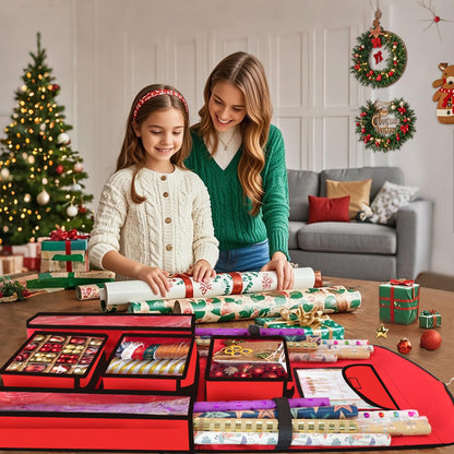 Woodoulogy Hanging Gift Wrapping Paper Storage, 40"X17" Red Double-Sided Christmas Wrapper Bag Container, Oxford Craft Roll Organizer, Present Wrap Holder for Bedroom Closet, Door, Cabinet