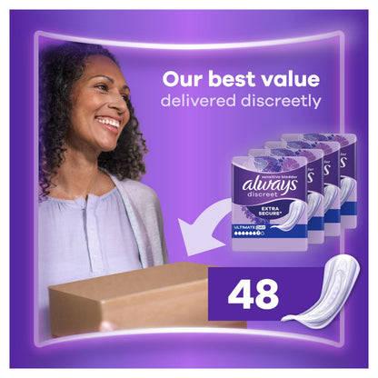 Always Discreet Incontinence Pads Women, Ultimate Day, Absorbency 6, 48 Sanitary Towels (12 x 4 Packs), Extra Secure Bladder Weakness Pads Women, Odour Neutraliser